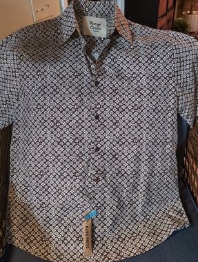 Men's 100% Cotton Brown & Cream Printed Short-Sleeve Shirt by Vintage Cotton: XL